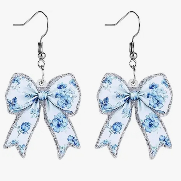 Jewelry - Blue Floral Bow Dangle Earrings